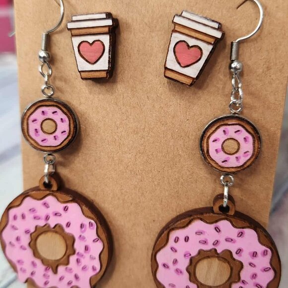 Donut & Coffee Earrings Set – Cute Sweet Treat Dangles and Studs | Handmade Brea - Picture 5 of 7